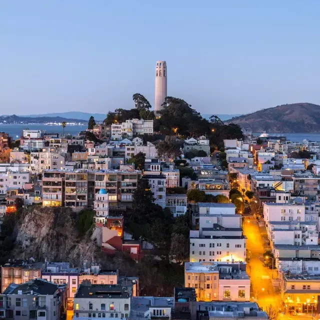 San Francisco's Coit Tower at dusk, 前面是灯火通明的街道，后面是威尼斯人官网平台app湾.